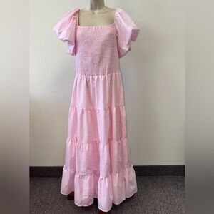 PrettyGarden (Large) Pink Ruffle Puff Sleeve Maxi Dress with Stretch